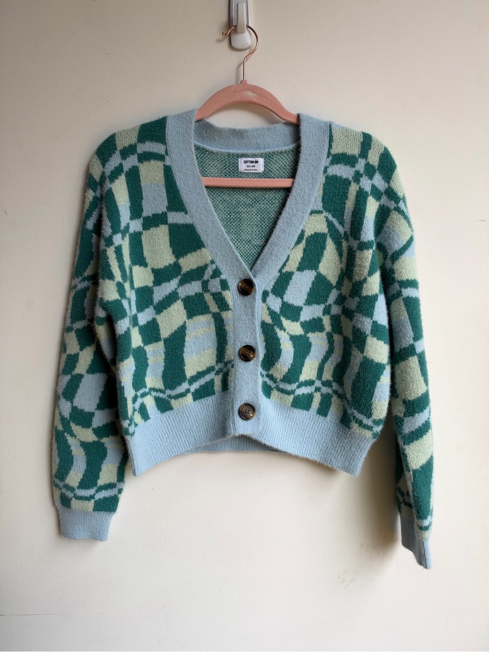 Cotton On Green and Light Blue Geometric V‑Neck Button Cardigan